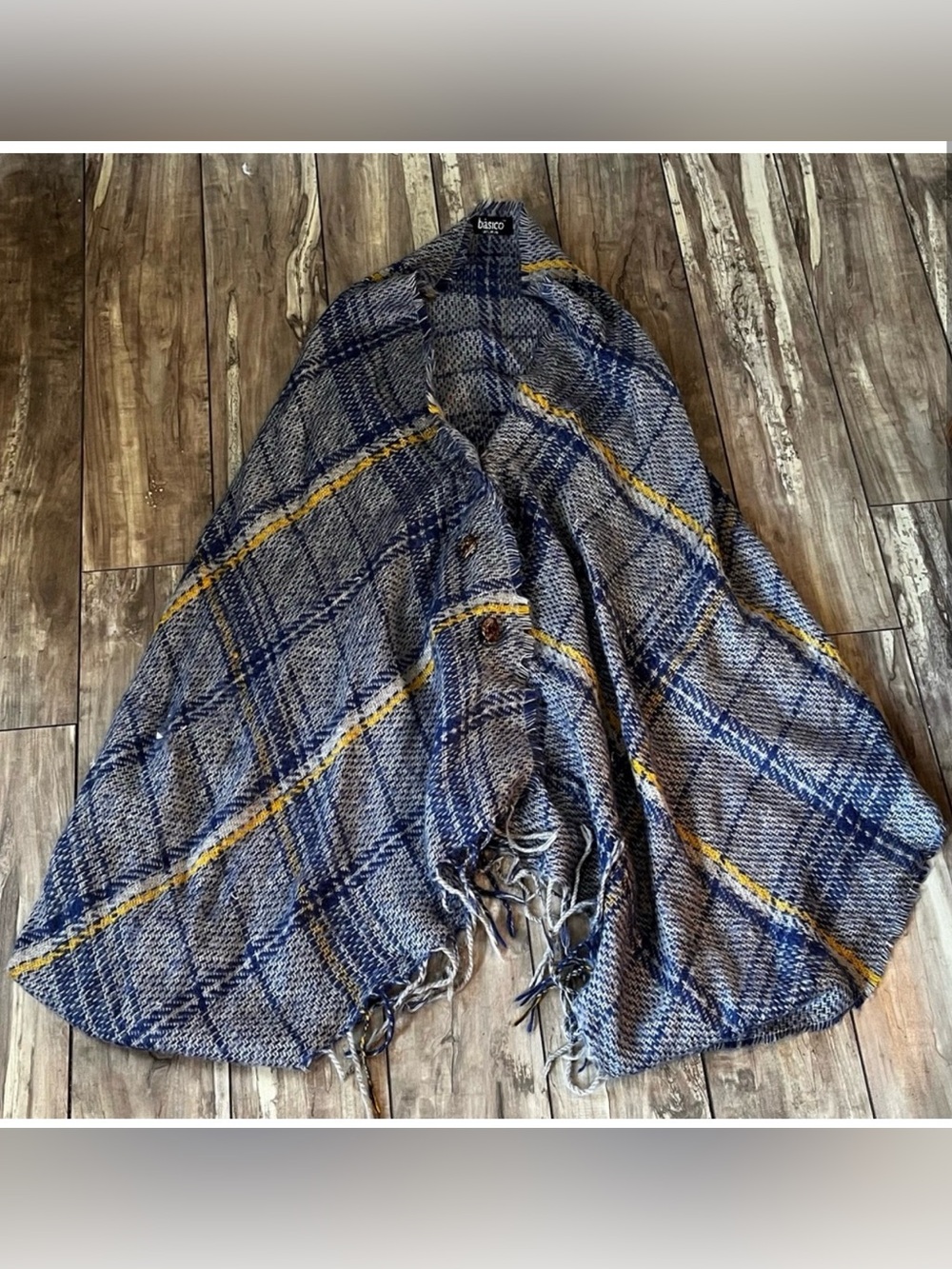 Basico blue and yellow plaid fringed shawl wrap